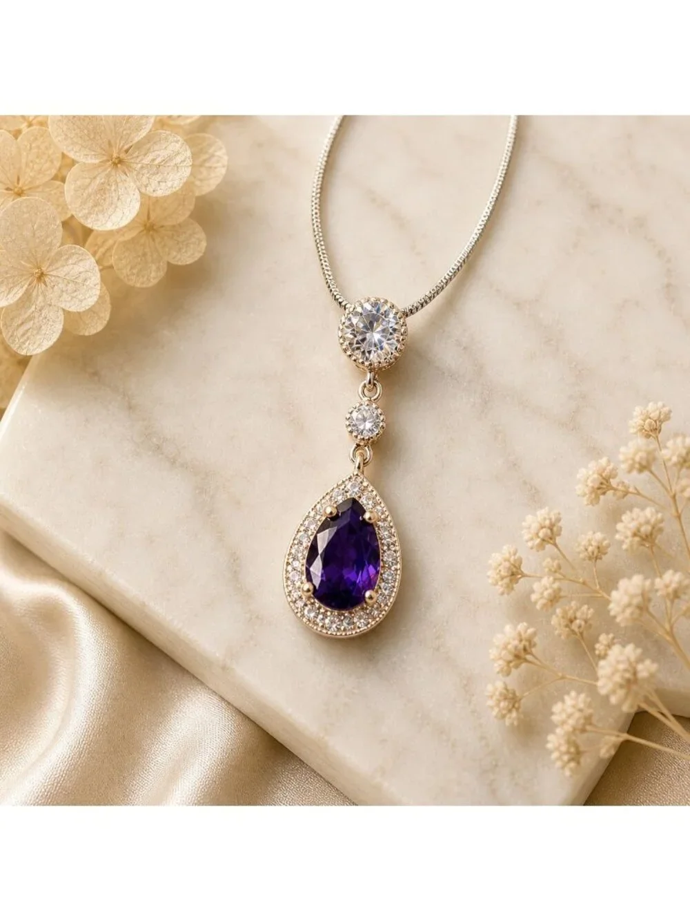 Vintage Purple Teardrop Necklace Sterling Overlay Made‎ with Swarovski Crystal